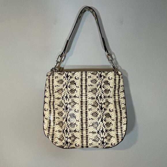 Michael Kors Fulton Large Hobo Bag Snakeskin Embossed Leather Cream Black Purse - Picture 7 of 11